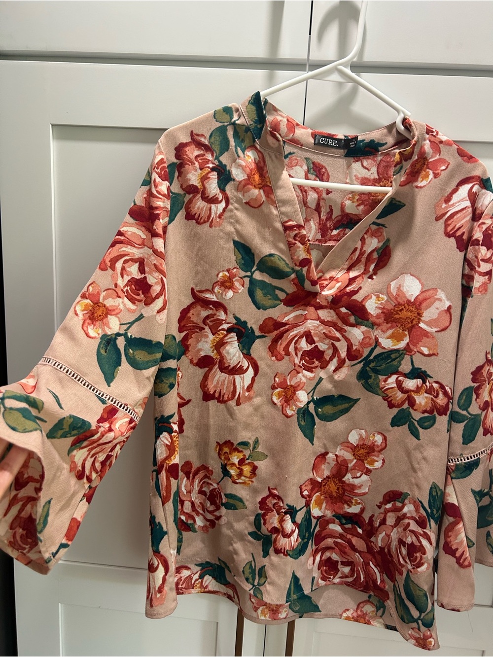 Cúre Blush Pink Floral V-Neck Bell Sleeve Blouse